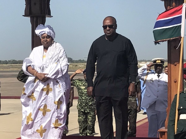 ECOWAS Chairwoman Ellen Johnson Sirleaf with President Mahama on their arrival in Gambia